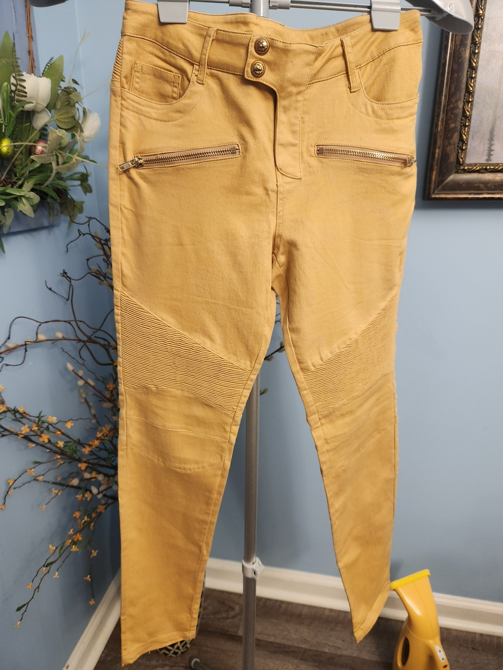 Women's Mustard Skinny Moto Pants with Zip Pockets